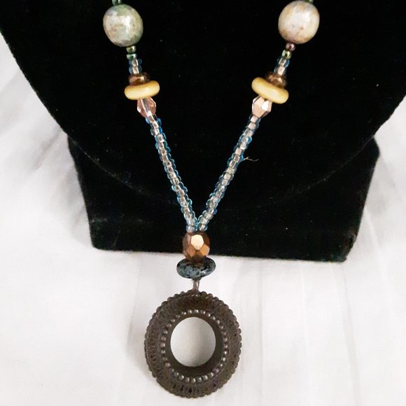 Blue Iridescent Seed Bead Necklace - Picture 2 of 13